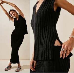 Free People Medium Veda Ribbed Sweater Two-Piece Skirt Set Black